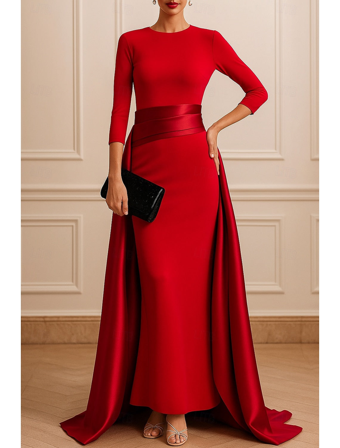 O-Neck 3/4 Sleeve Mermaid Ankle-Length Evening Dress Court Train