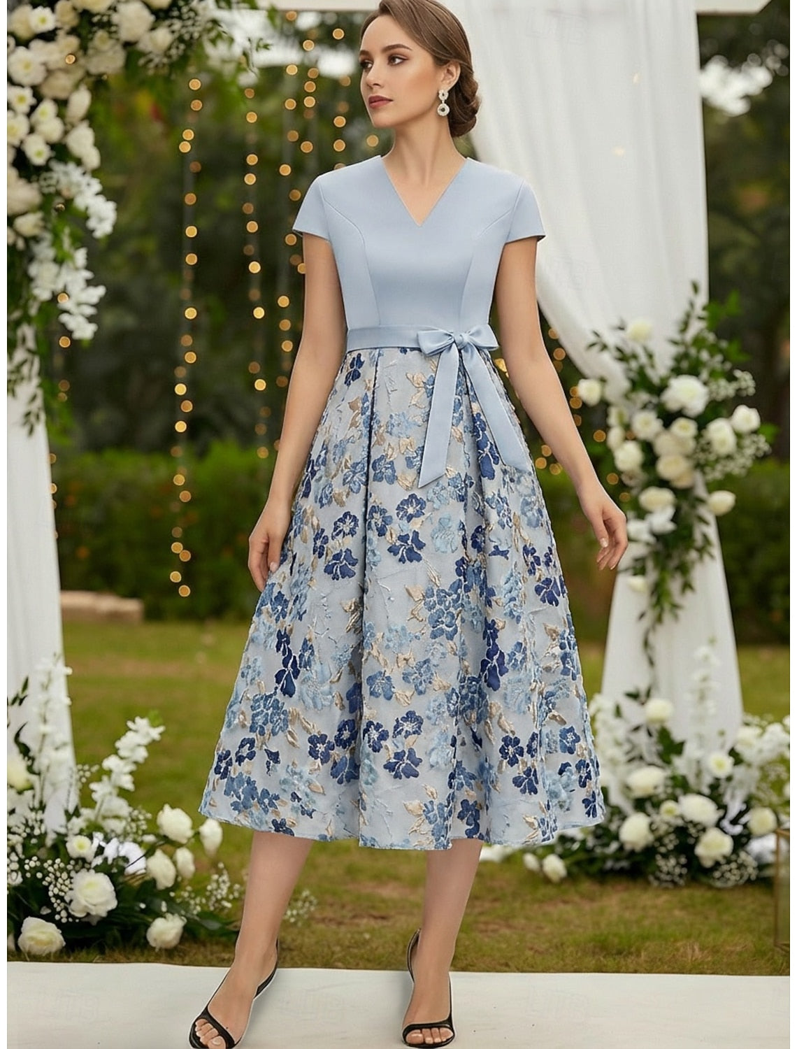 Bow Sleeveless A-Line Floral Print Tea-Length Evening Dress
