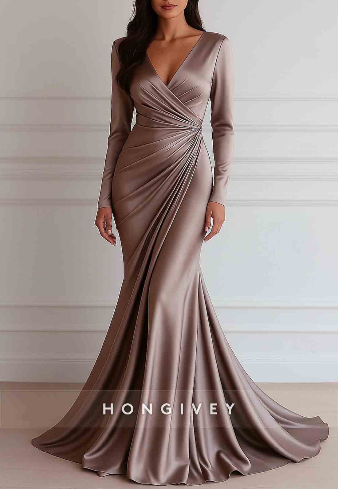 Elegant Floor Length Long Sleeve V Neck Mermaid Evening Gown with Pleats