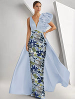 Sleeveless V-Neck Mermaid Floral Print Flowers Sequins Sparkle Evening Dress