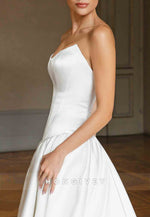 Satin Strapless Court Train A-Line Low Back Empire Wedding Dresses