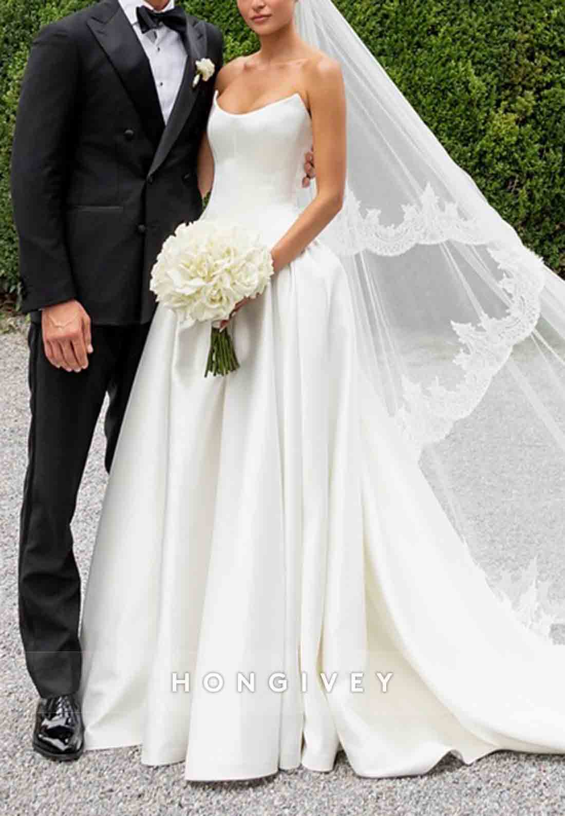 Satin Strapless Court Train A-Line Low Back Empire Wedding Dresses