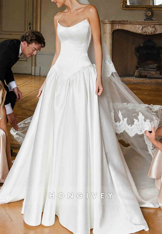 Satin Strapless Court Train A-Line Low Back Empire Wedding Dresses