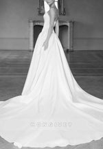 Satin Strapless Court Train A-Line Low Back Empire Wedding Dresses