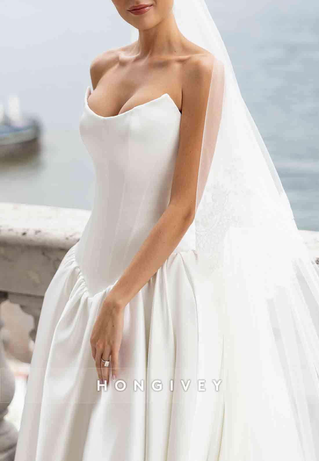 Satin Strapless Court Train A-Line Low Back Empire Wedding Dresses