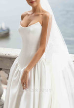 Satin Strapless Court Train A-Line Low Back Empire Wedding Dresses