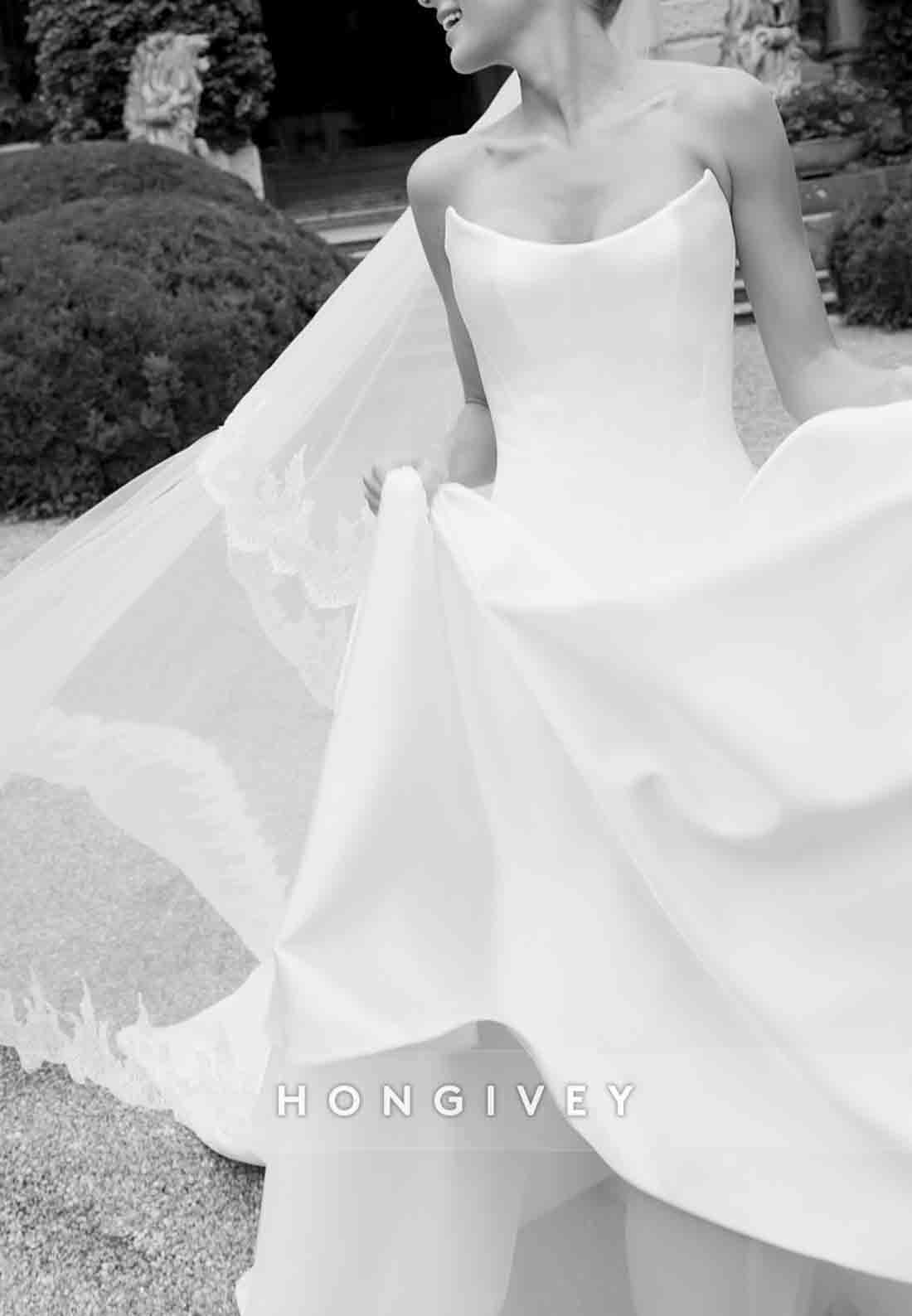 Satin Strapless Court Train A-Line Low Back Empire Wedding Dresses