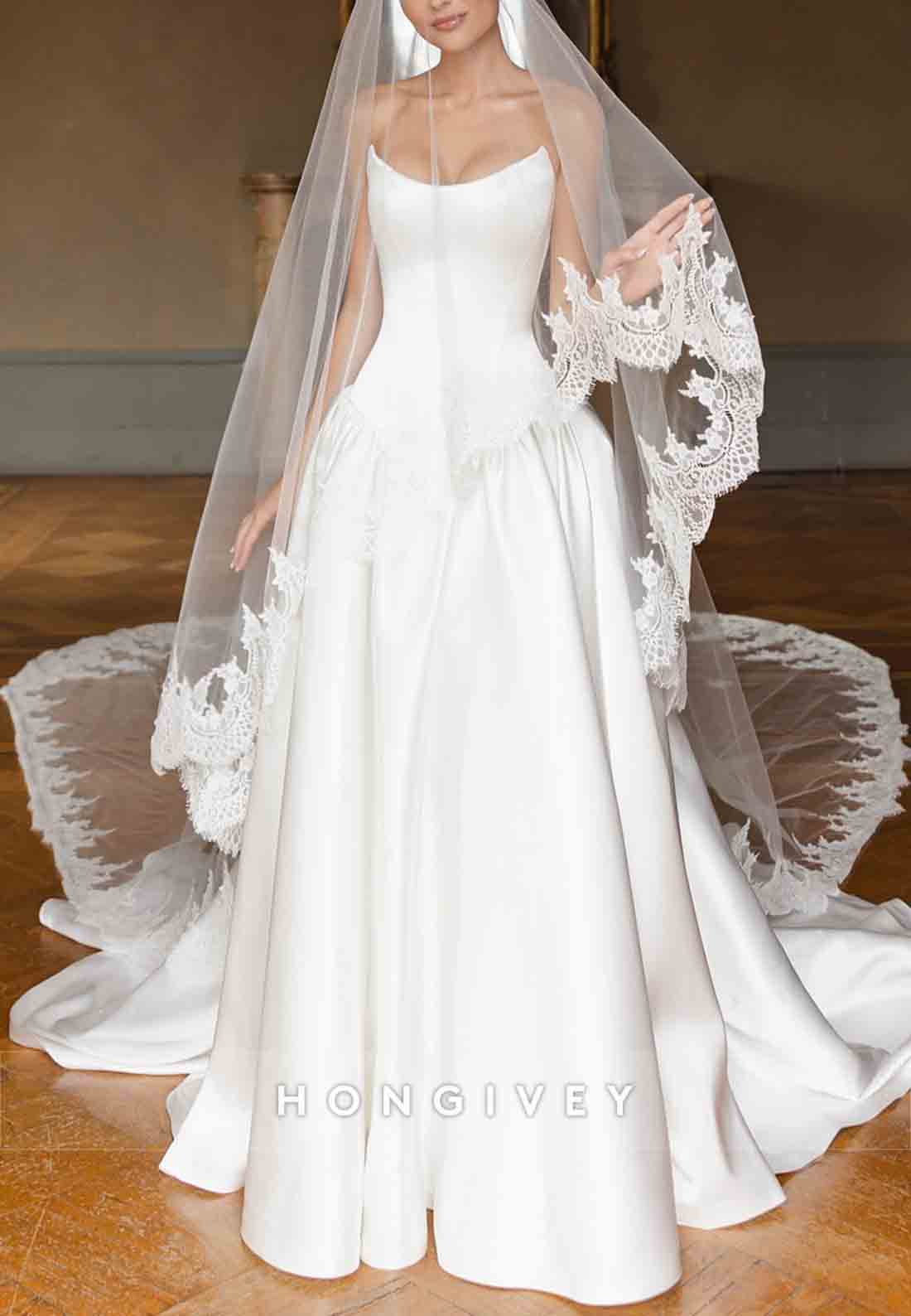 Satin Strapless Court Train A-Line Low Back Empire Wedding Dresses