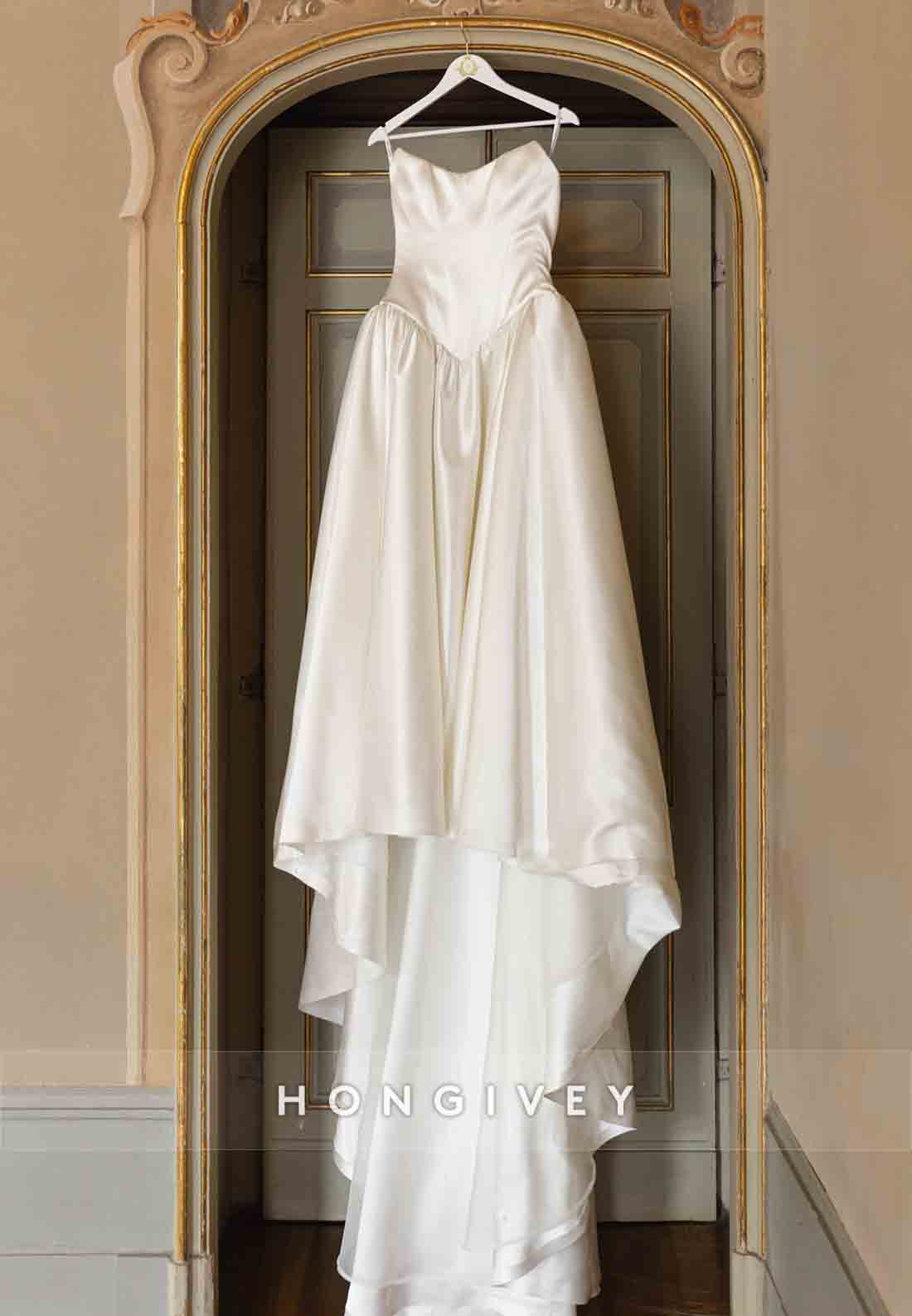 Satin Strapless Court Train A-Line Low Back Empire Wedding Dresses