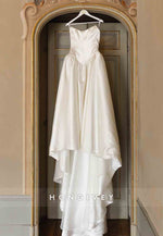 Satin Strapless Court Train A-Line Low Back Empire Wedding Dresses