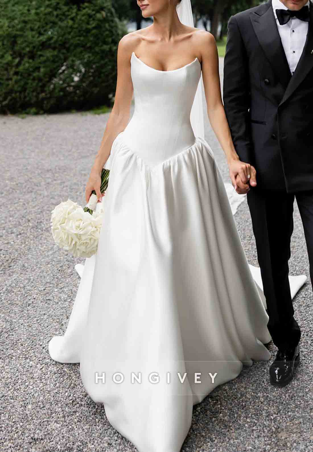 Satin Strapless Court Train A-Line Low Back Empire Wedding Dresses