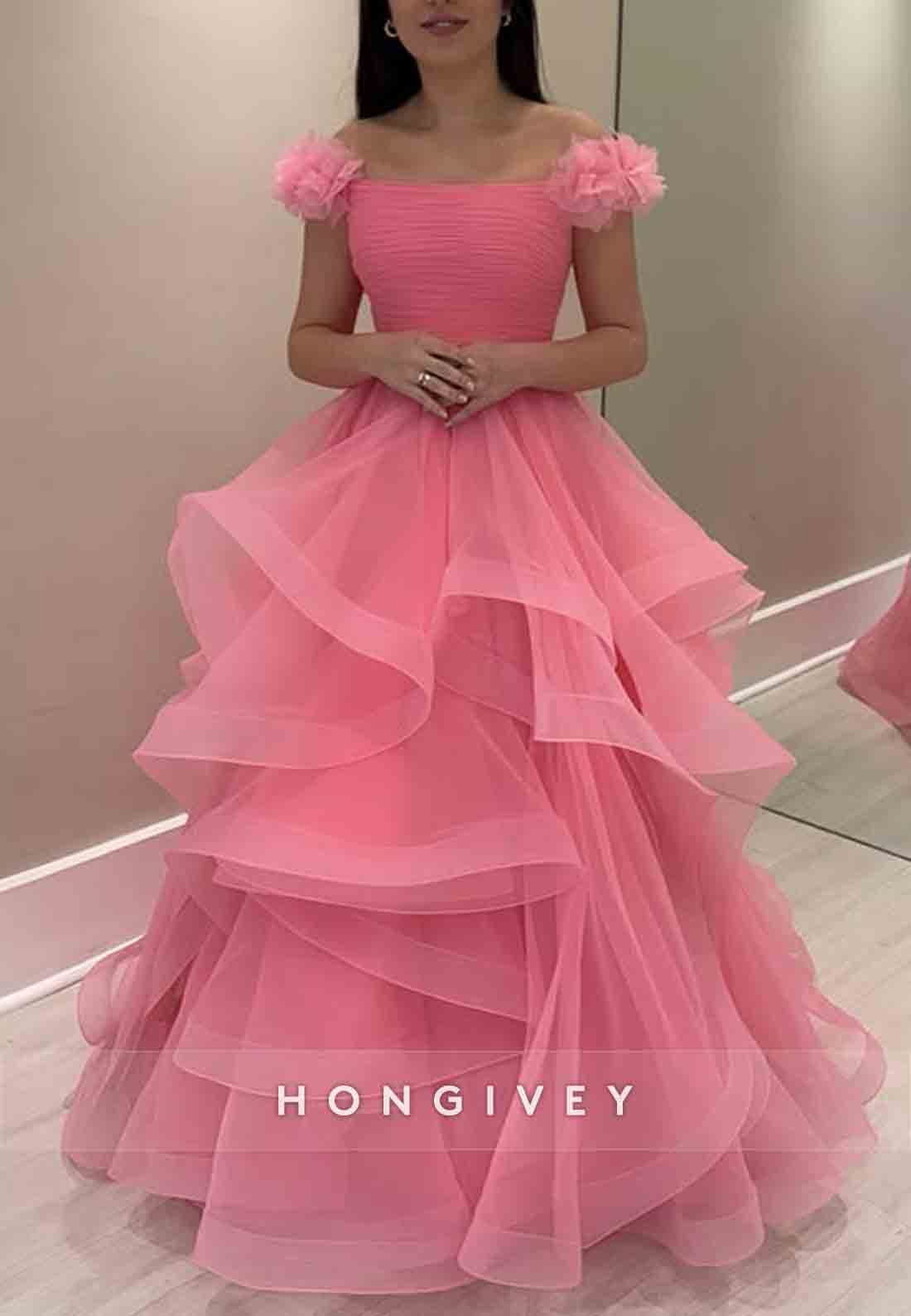 Pink Off the Shoulder Organza Ruched A-Line Shoulder Flower Prom Dresses