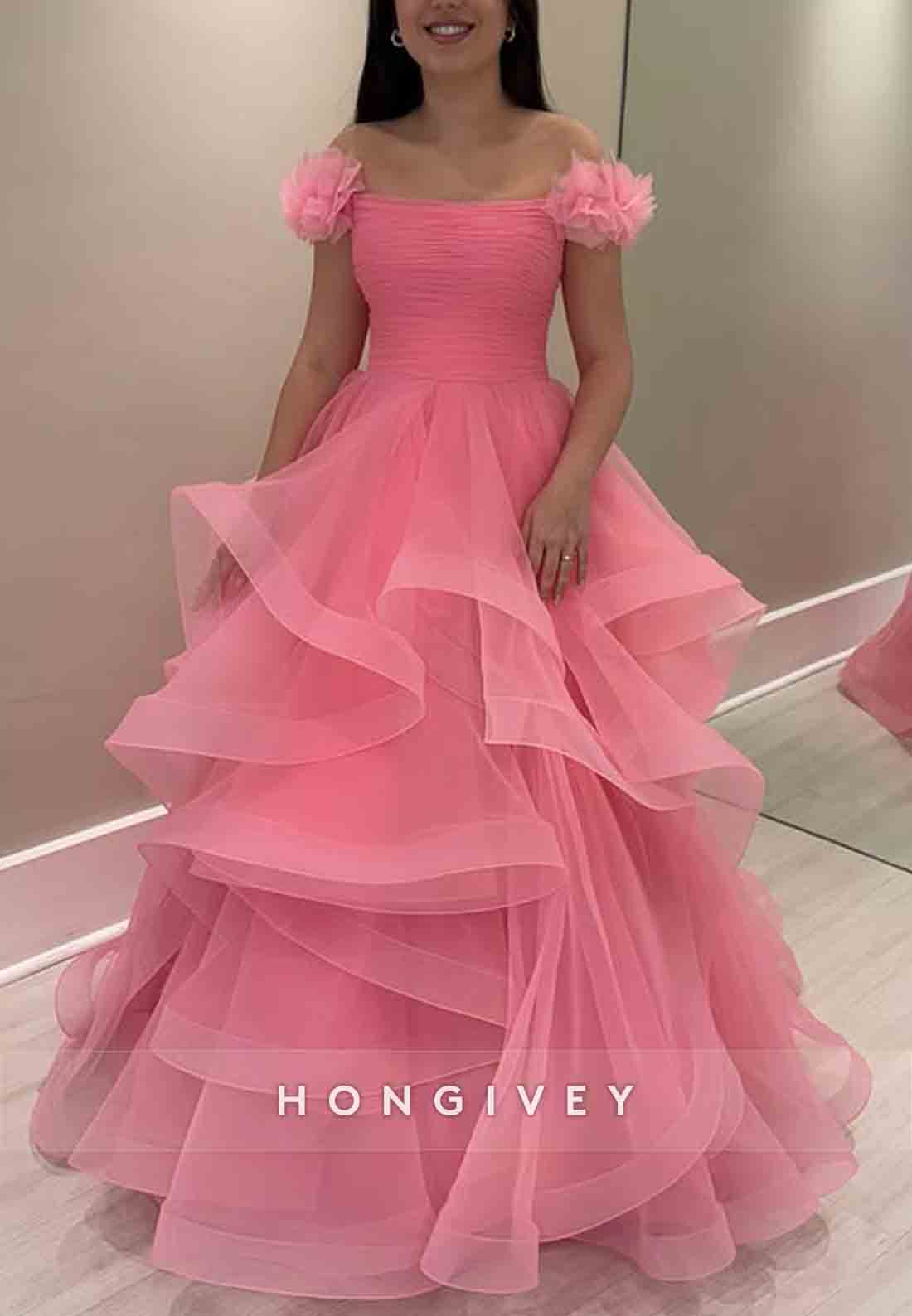 Pink Off the Shoulder Organza Ruched A-Line Shoulder Flower Prom Dresses