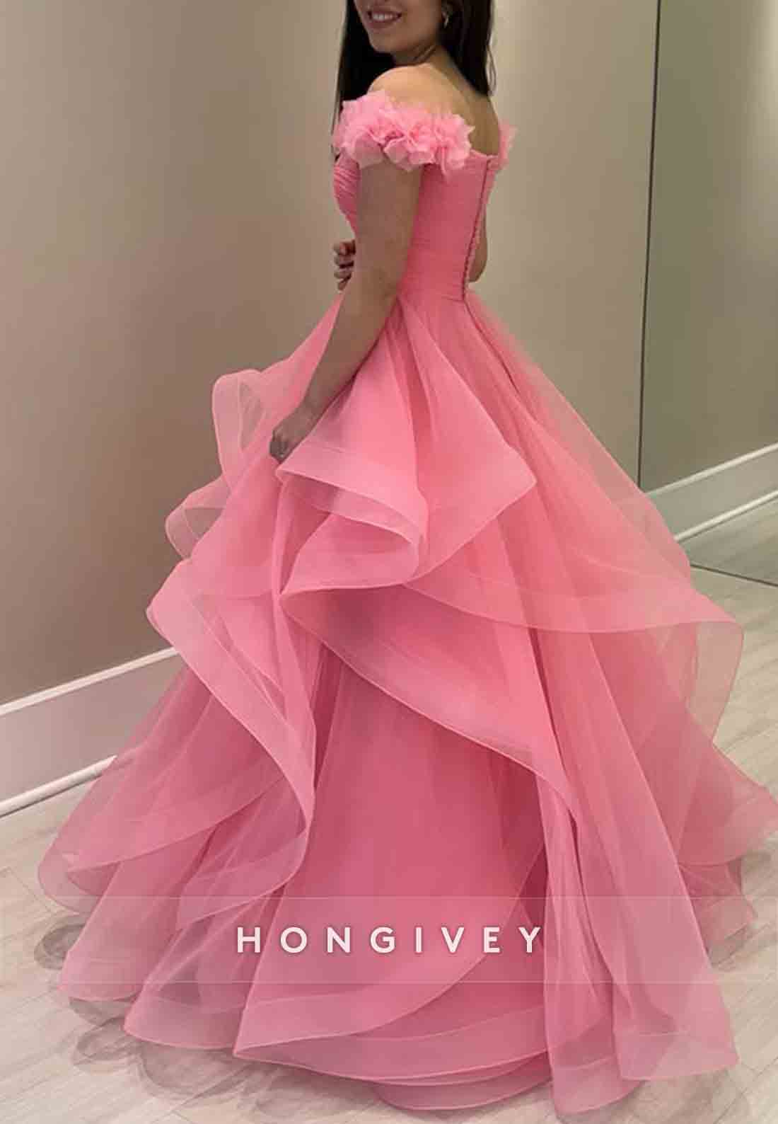 Pink Off the Shoulder Organza Ruched A-Line Shoulder Flower Prom Dresses