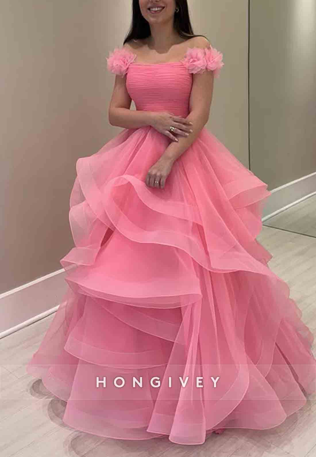 Pink Off the Shoulder Organza Ruched A-Line Shoulder Flower Prom Dresses