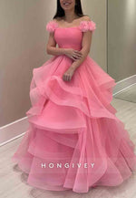 Pink Off the Shoulder Organza Ruched A-Line Shoulder Flower Prom Dresses