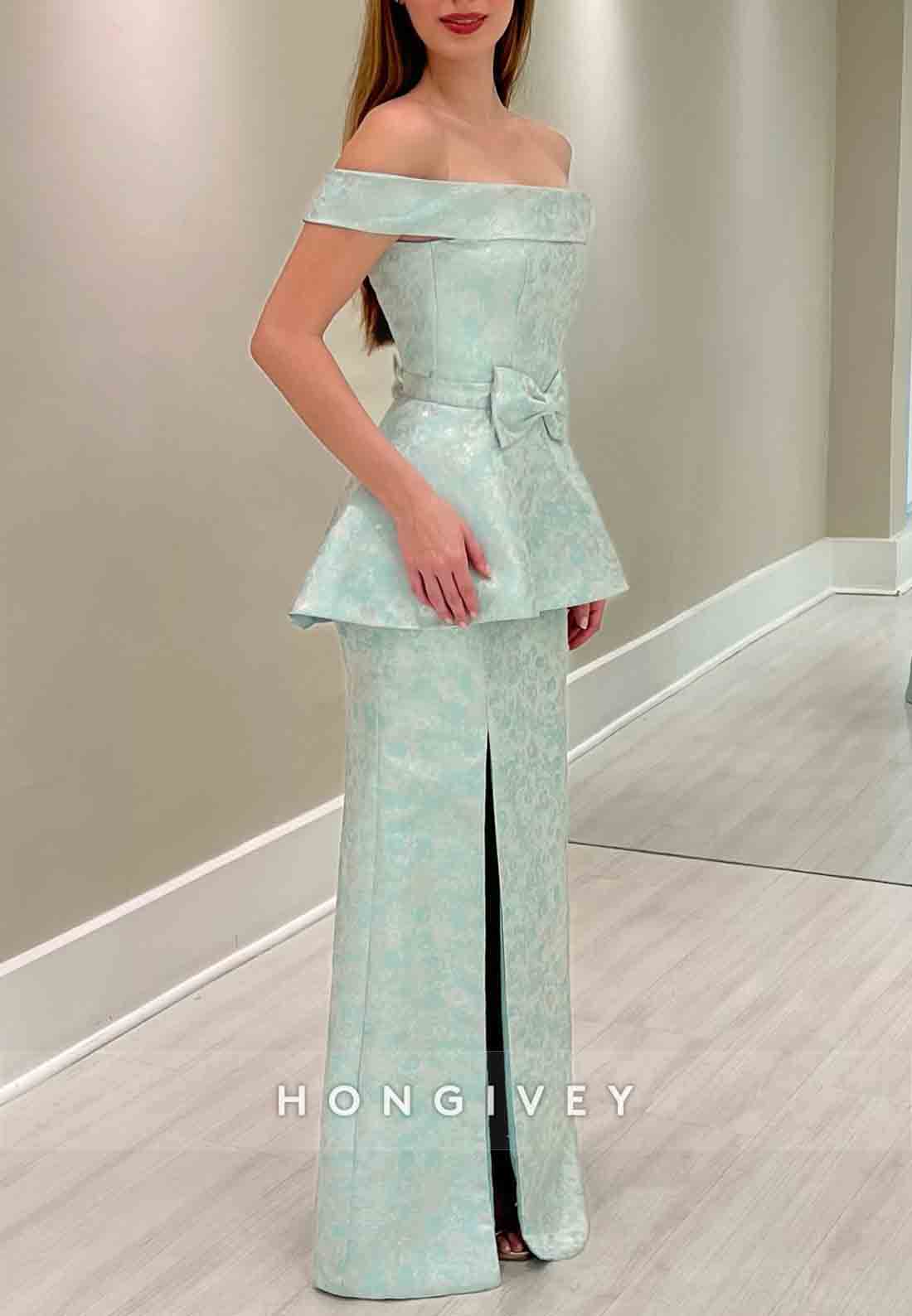 Floral Print Off the Shoulder Floor-Length Side Slit Evening Gowns with Bowknot