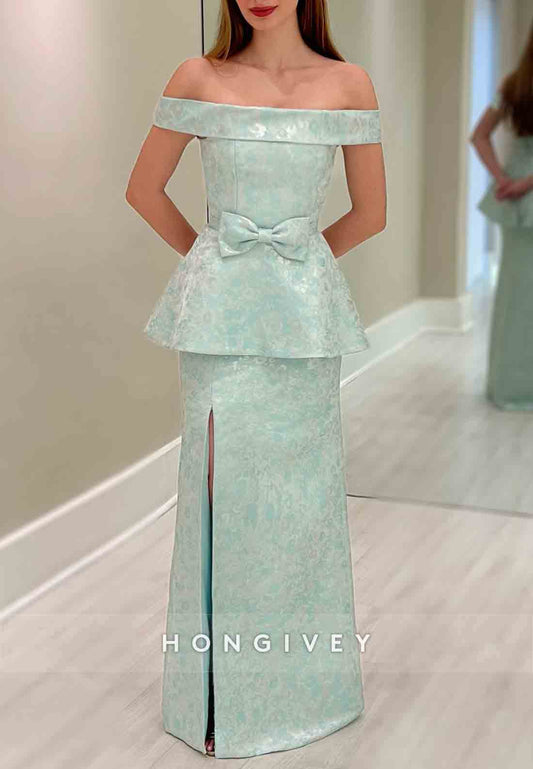 Floral Print Off the Shoulder Floor-Length Side Slit Evening Gowns with Bowknot