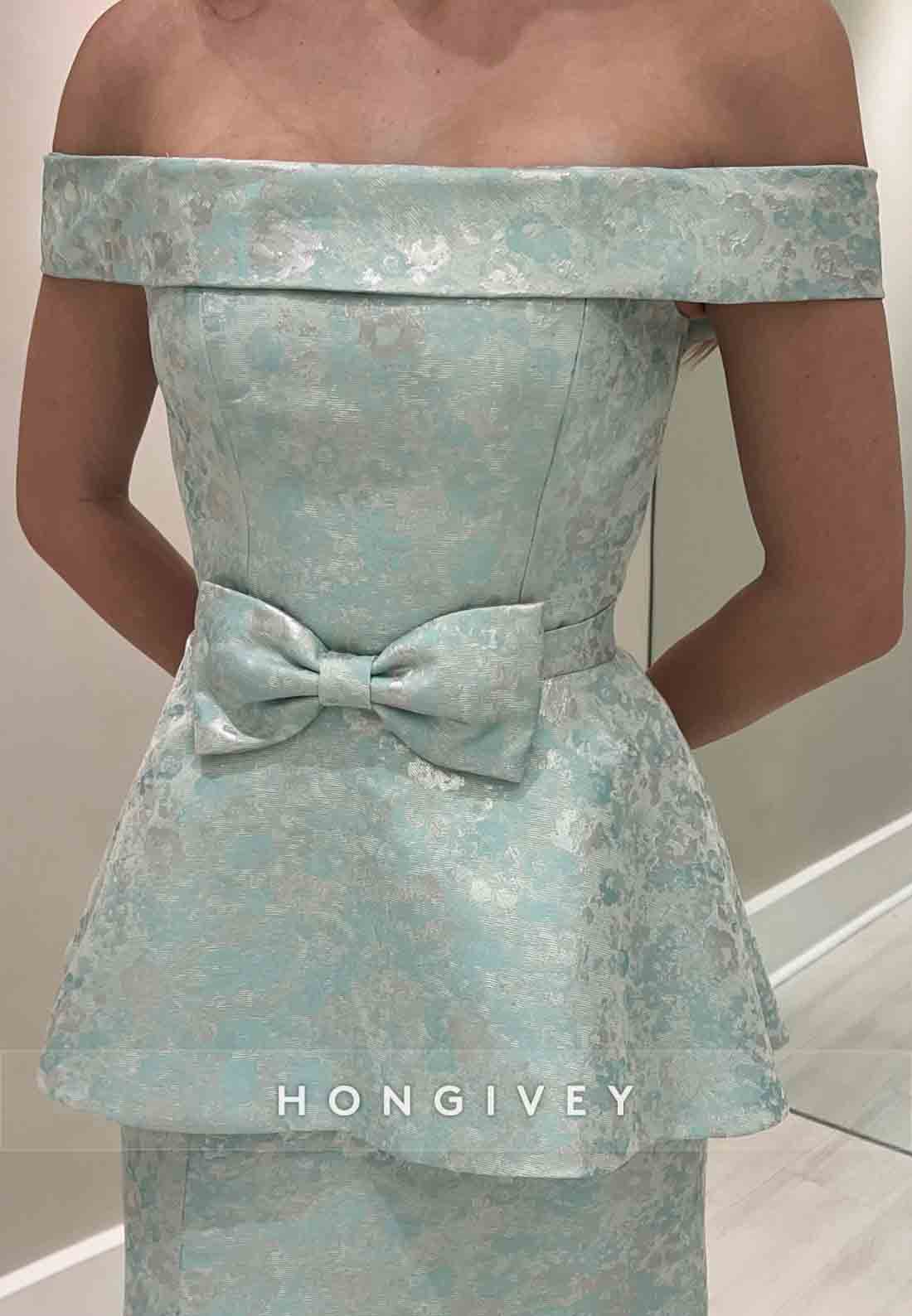 Floral Print Off the Shoulder Floor-Length Side Slit Evening Gowns with Bowknot