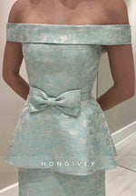 Floral Print Off the Shoulder Floor-Length Side Slit Evening Gowns with Bowknot