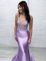 Mermaid V Neck Lavender Satin Long Prom Dresses with Appliques