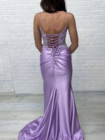 Mermaid V Neck Lavender Satin Long Prom Dresses with Appliques
