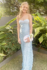 Sheath Strapless Long Blue Prom Dresses with Sequins