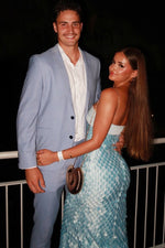 Sheath Strapless Long Blue Prom Dresses with Sequins