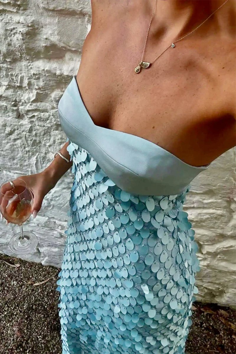 Sheath Strapless Long Blue Prom Dresses with Sequins