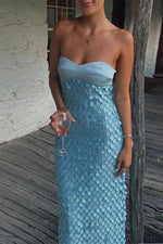 Sheath Strapless Long Blue Prom Dresses with Sequins