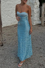 Sheath Strapless Long Blue Prom Dresses with Sequins