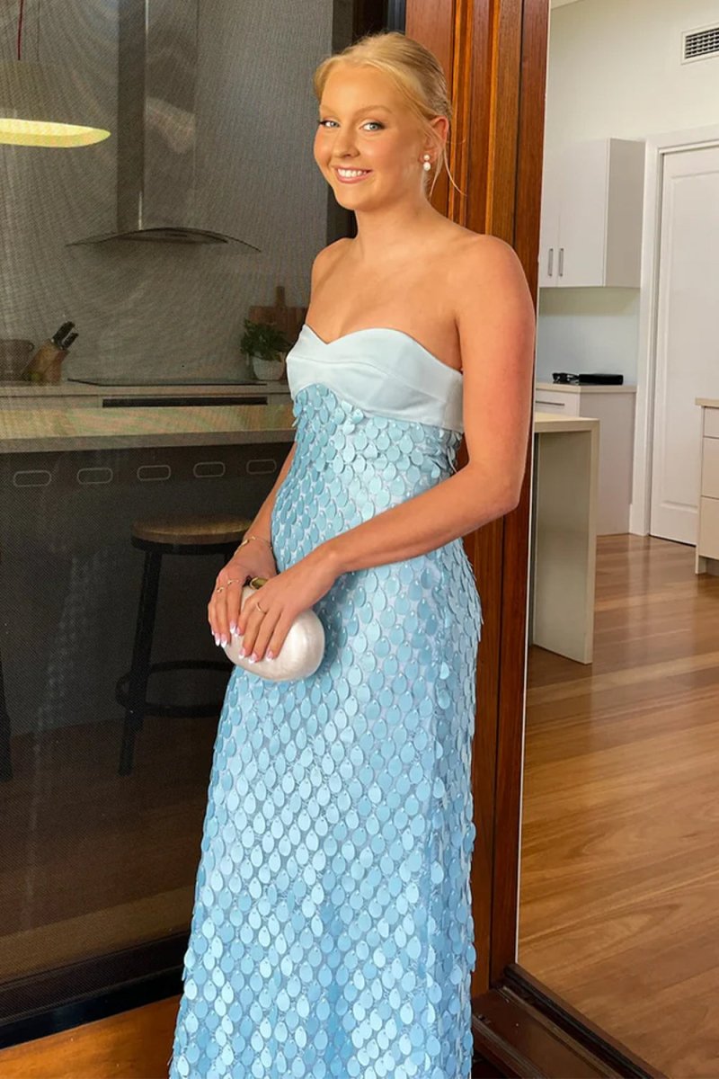 Sheath Strapless Long Blue Prom Dresses with Sequins