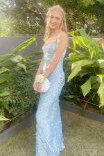 Sheath Strapless Long Blue Prom Dresses with Sequins
