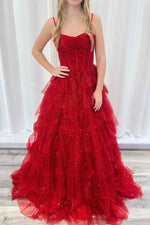 Gorgeous Sparkle Tulle Red Spaghetti Straps Ruched Prom Dress
