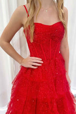 Gorgeous Sparkle Tulle Red Spaghetti Straps Ruched Prom Dress