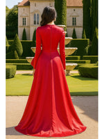 Women Long Sleeve High Neck A-Line Side Slit Evening Dress Floor-Length