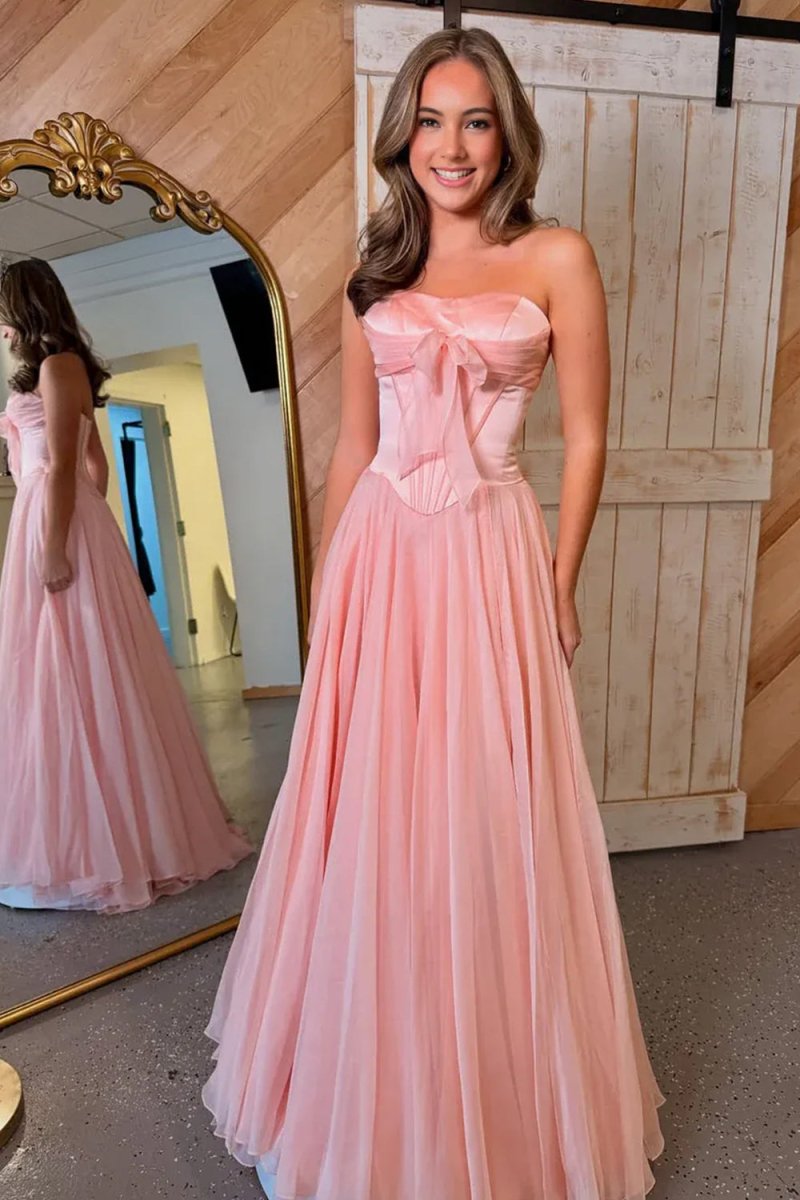 Pink - A Line Strapless Pleated Chiffon Long Prom Dress with Bow