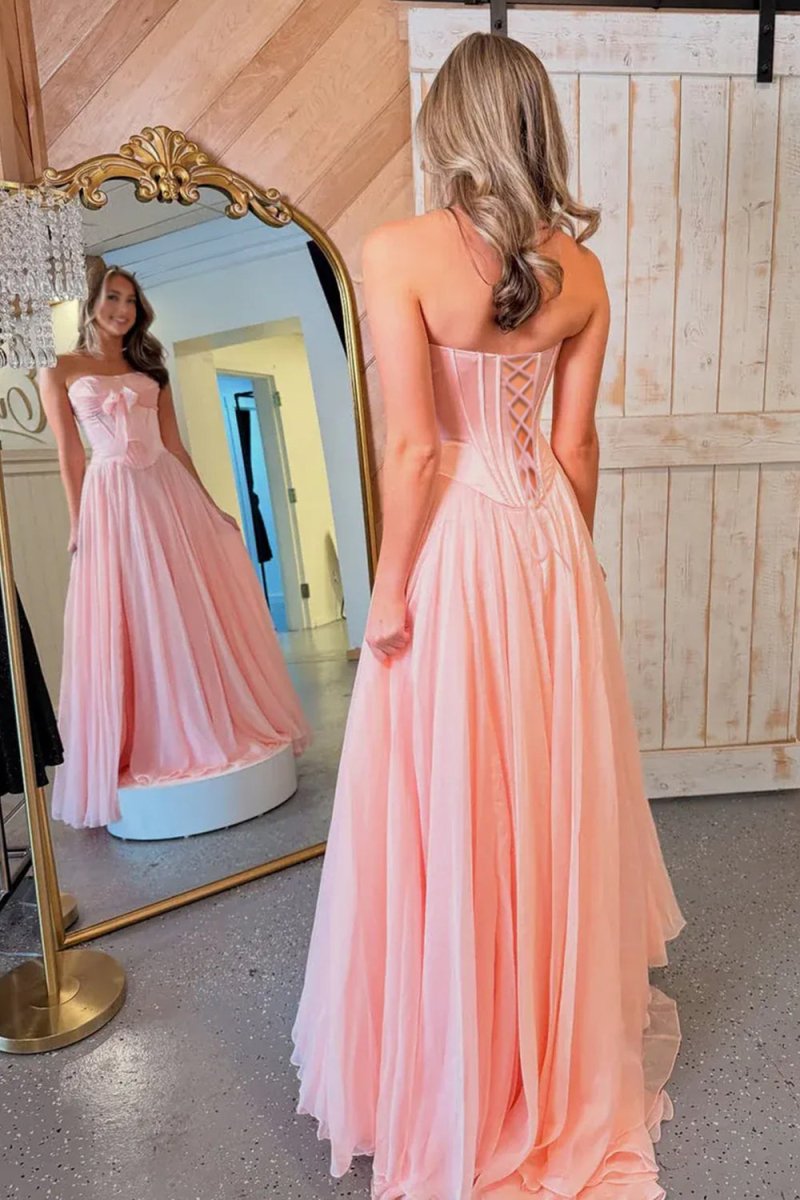 Pink - A Line Strapless Pleated Chiffon Long Prom Dress with Bow