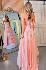 Pink - A Line Strapless Pleated Chiffon Long Prom Dress with Bow