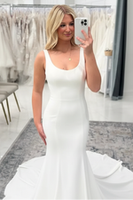 Ivory Crepe Mermaid Wedding Dress with Scoop Neckline Wide Straps