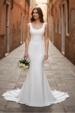 Ivory Crepe Mermaid Wedding Dress with Scoop Neckline Wide Straps