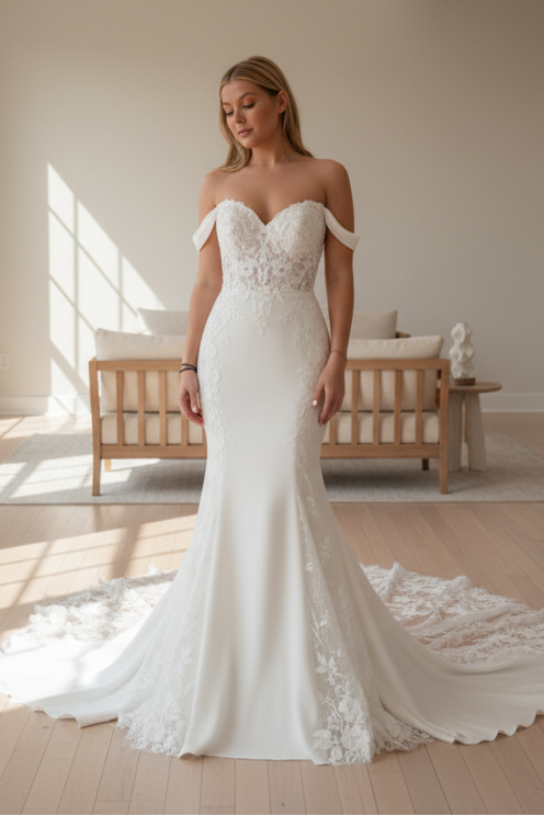 Ivory Lace Mermaid Wedding Dress with Off-the-Shoulder Sweetheart Neckline
