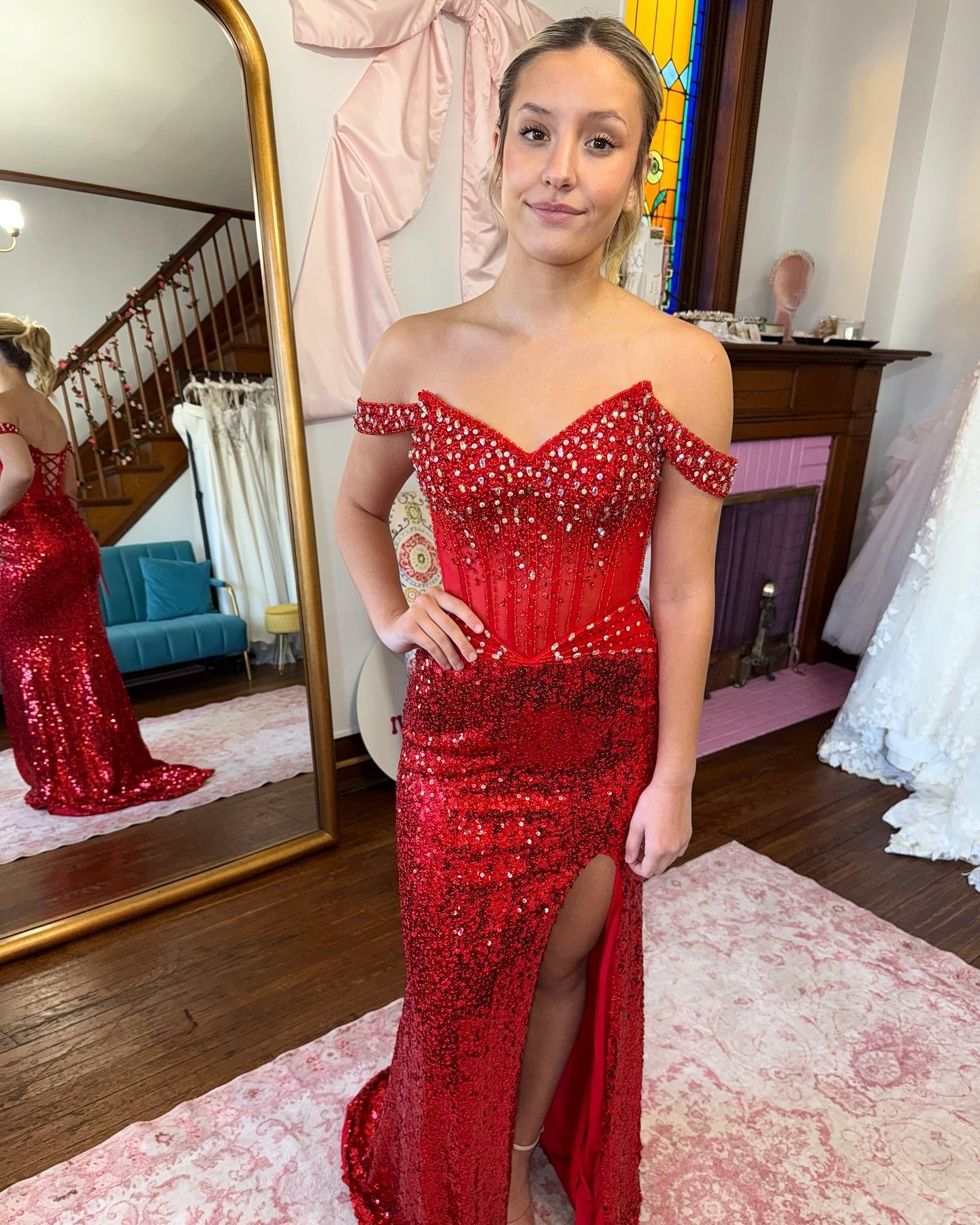 Beaded Red Off the Shoulder Sequins Mermaid Side Slit Prom Dress Lace-Up