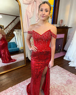 Beaded Red Off the Shoulder Sequins Mermaid Side Slit Prom Dress Lace-Up