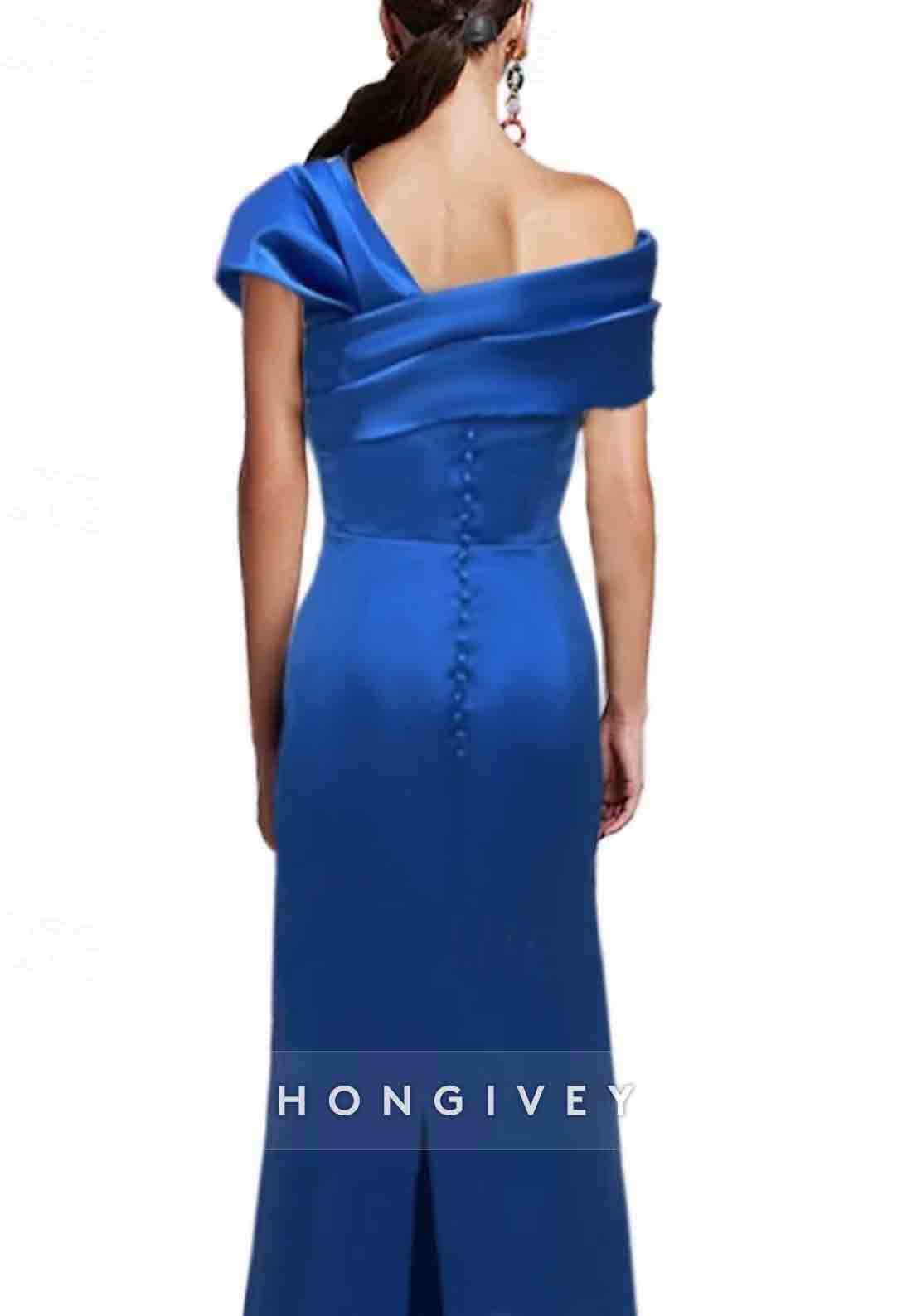 Column One Shoulder Satin Floor-Length Evening Gowns with Bowknot