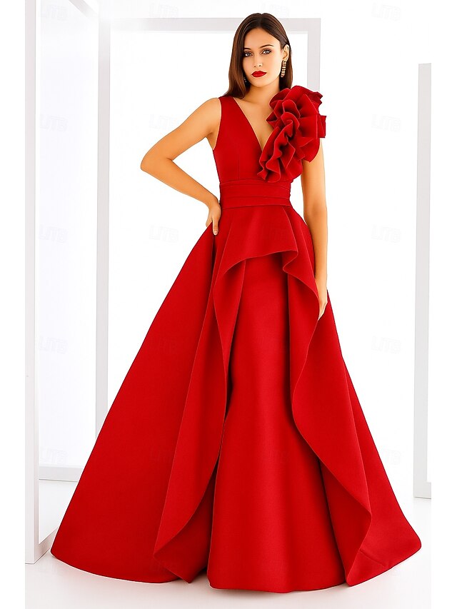 V Back Ruched Floor-Length A-Line V-Neck Sleeveless Evening Gowns