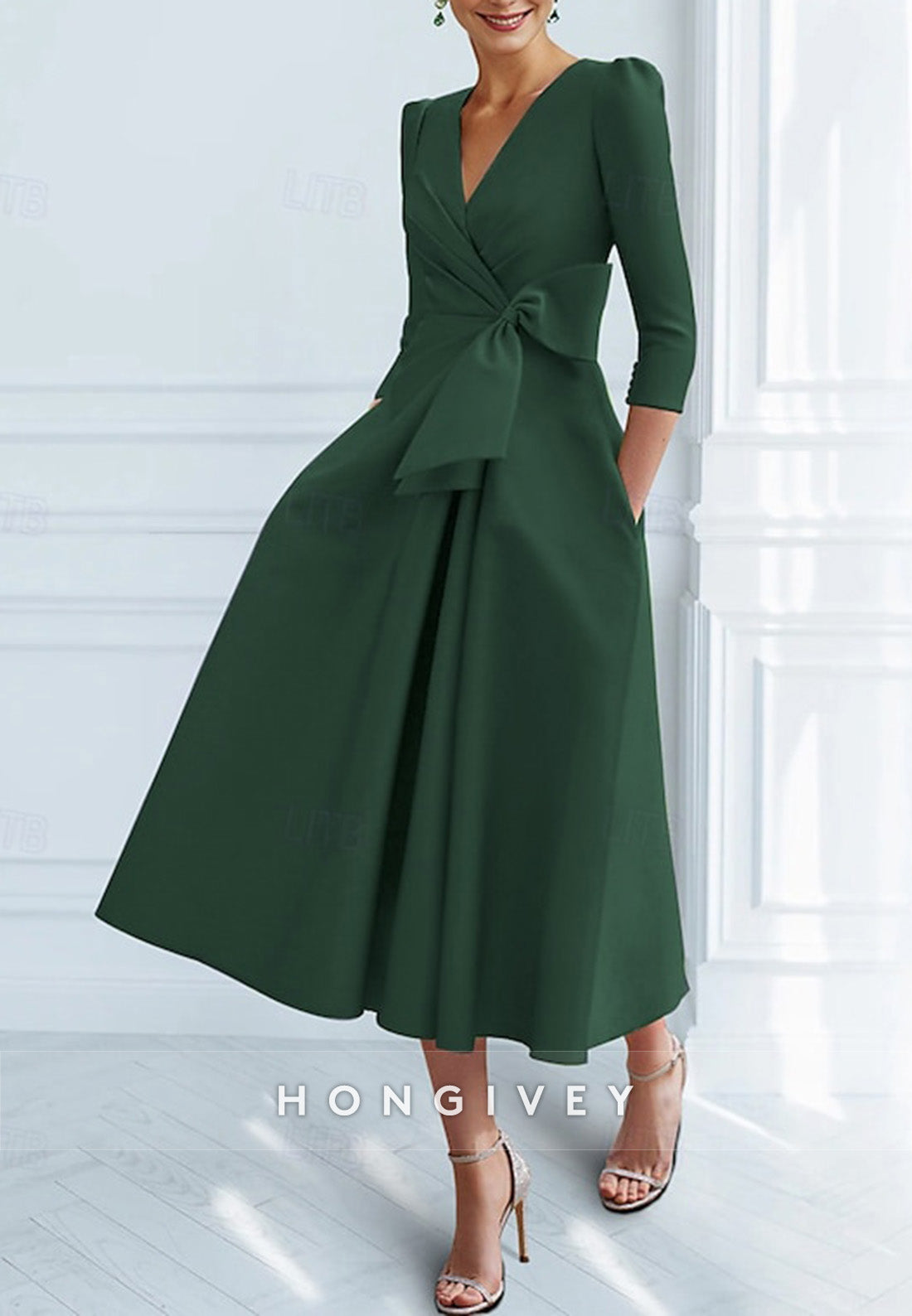 V Neck Tea-Length 3/4 Sleeve A-Line Ruched Cocktail Dresses with Bow(s)