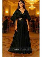 A-line Ankle-Length V Neck Flutter Sleeves Evening Gown Appliqued