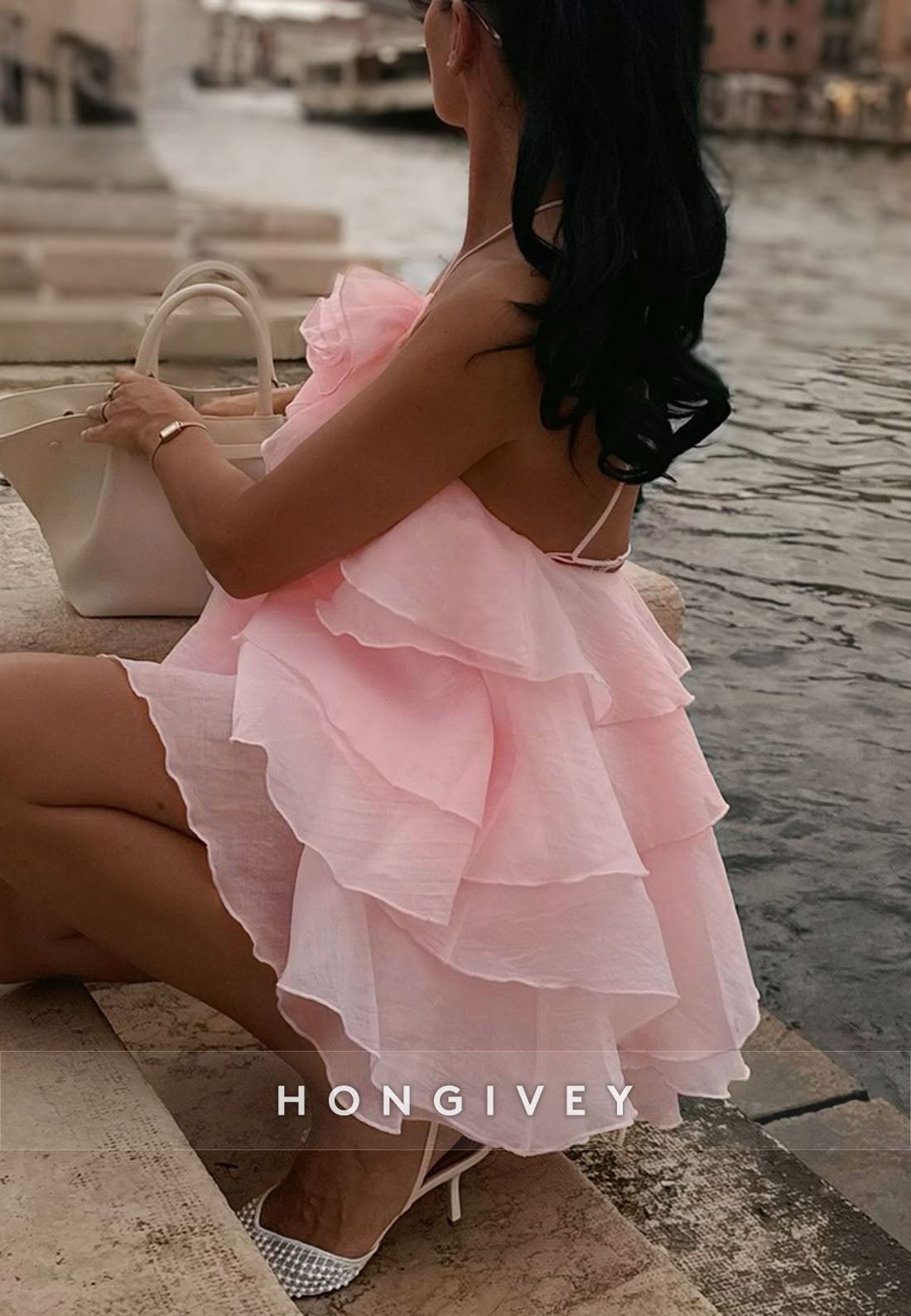 Halter Neck A-Line Tie Back Short Homecoming Dress with Flower and Ruffles