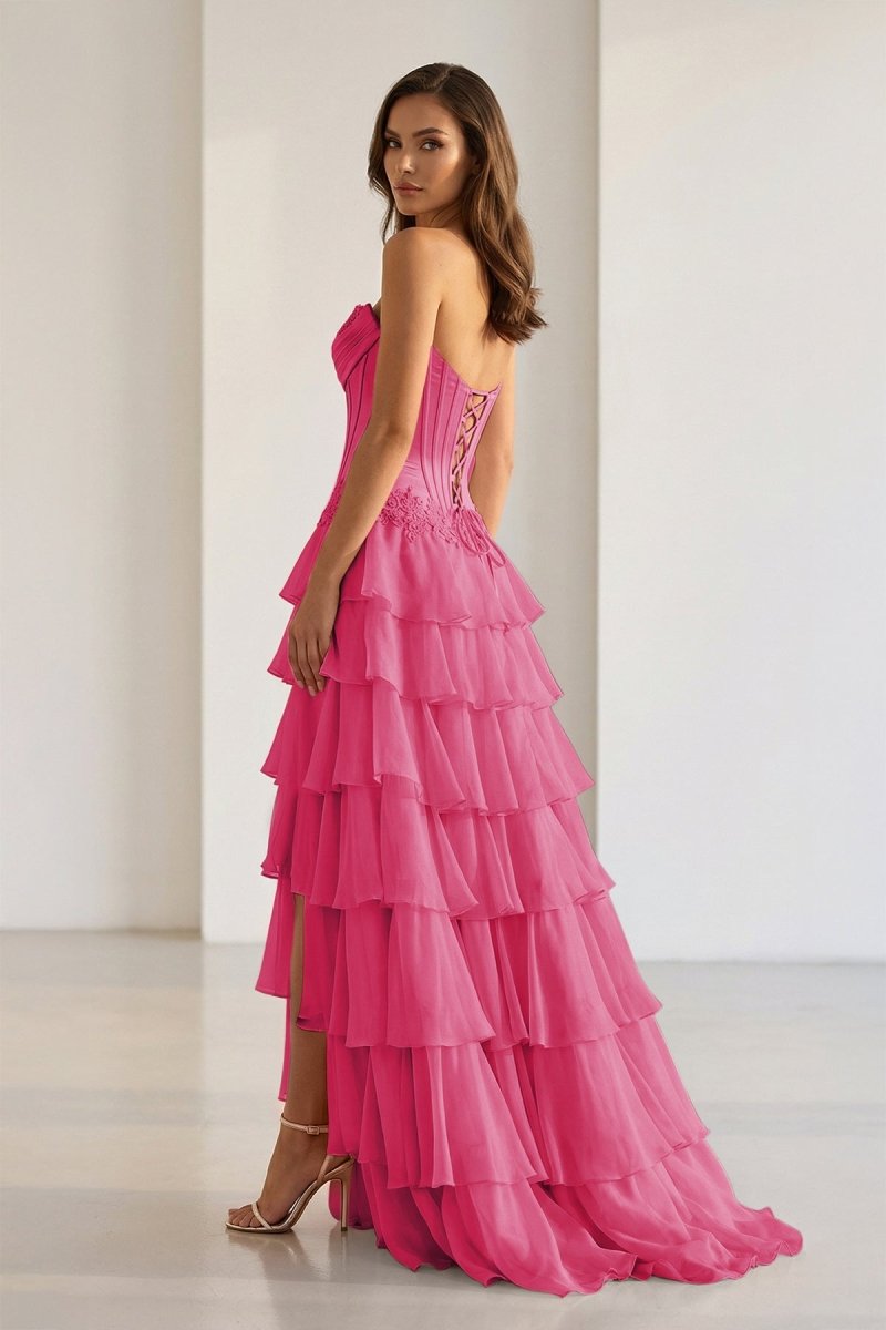 Pink Sweetheart Chiffon Ruffled A Line Formal Prom Dresses With Appliques